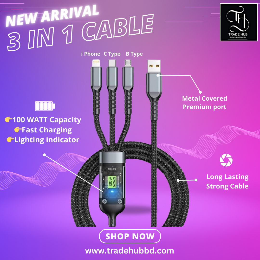 3 IN 1 SUPER FAST CHARGING CABLE 100 WATT