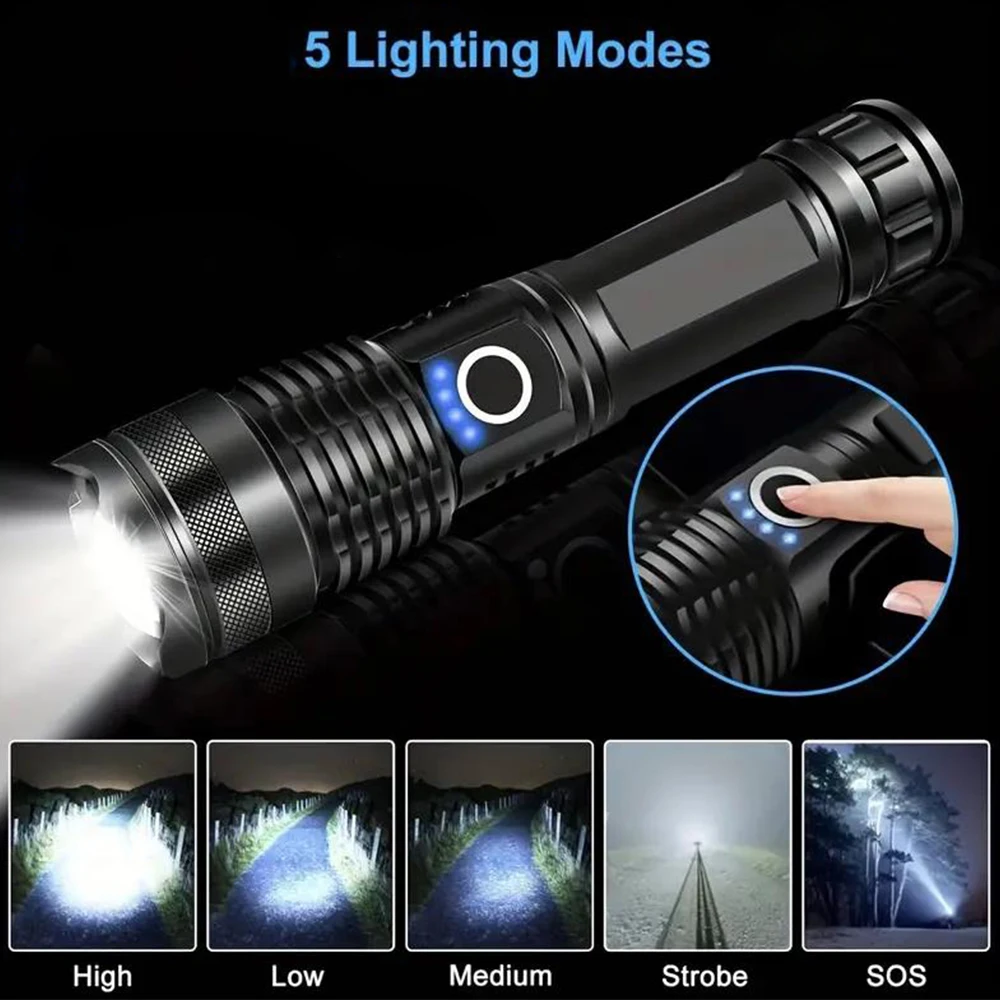 RECHARGEABLE LED FLASHLIGHT – WATERPROOF, 5 LIGHT MODES, ADJUSTABLE BEAM, BATTERY POWERED ALUMINUM TORCH FOR CAMPING & EMERGENCY USE