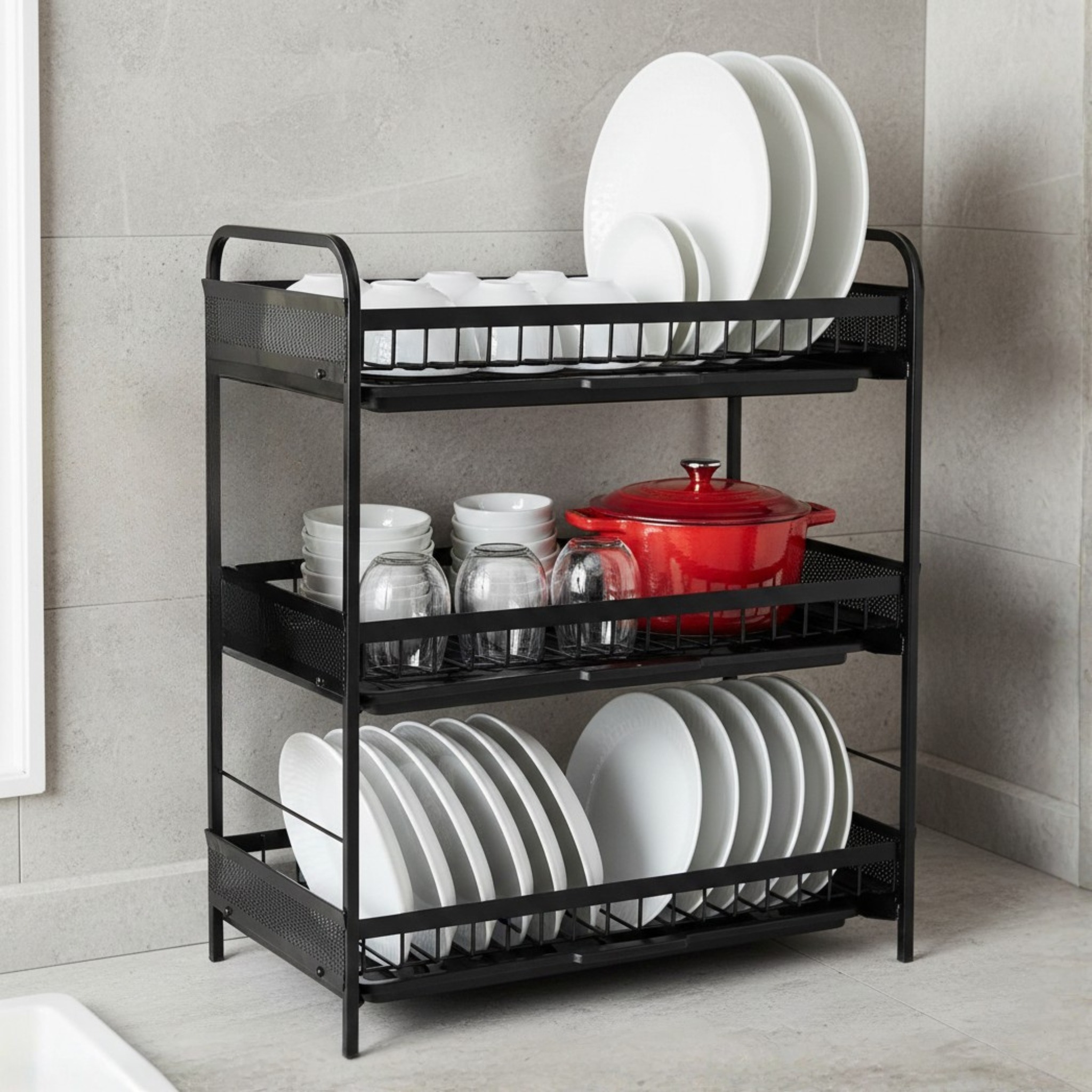 3 LAYER DISH DRAINER RACK WITH WATER TRAY