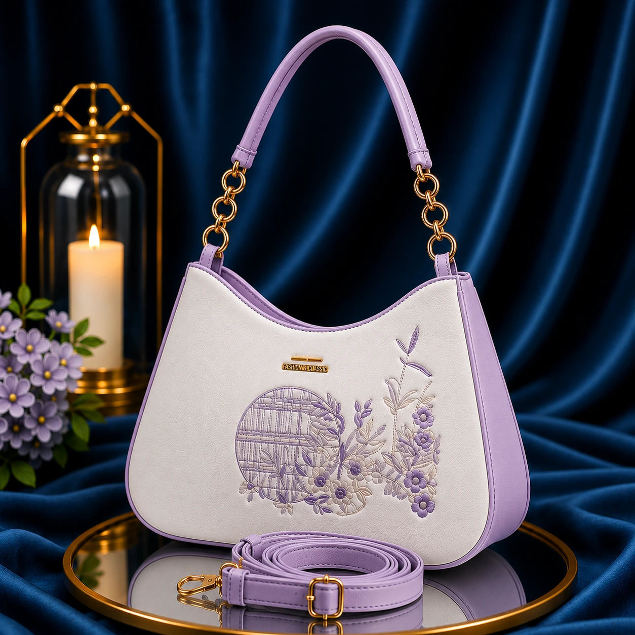 LAVENDER BLUE PREMIUM EMBROIDERY DESIGN LADIES BAG WITH LONG STRAP