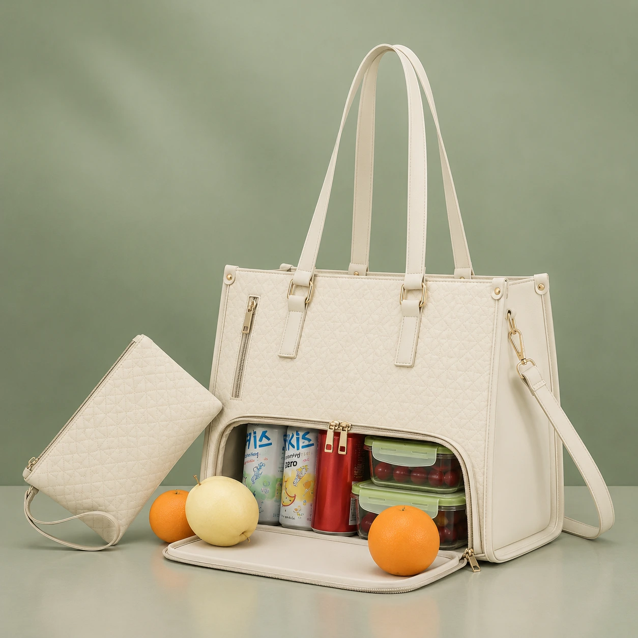 WHITE PREMIUM TOTE BAG WITH FOOD & LAPTOP COMPARTMENT WITH FREE POUCH BAG
