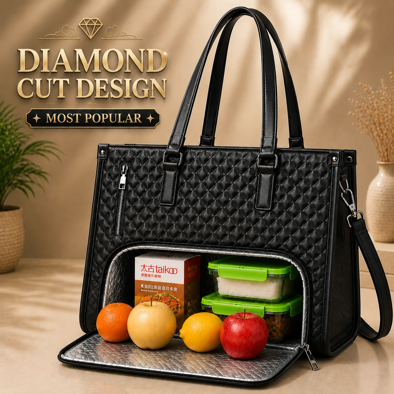 DIAMOND CUT PREMIUM TOTE BAG WITH FOOD & LAPTOP COMPARTMENT
