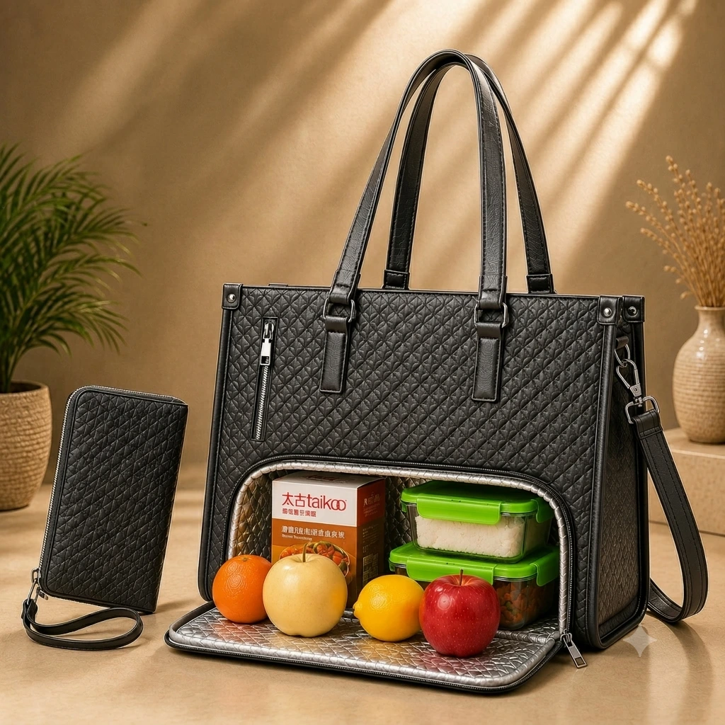BLACK PREMIUM TOTE BAG WITH FOOD & LAPTOP COMPARTMENT WITH FREE POUCH BAG