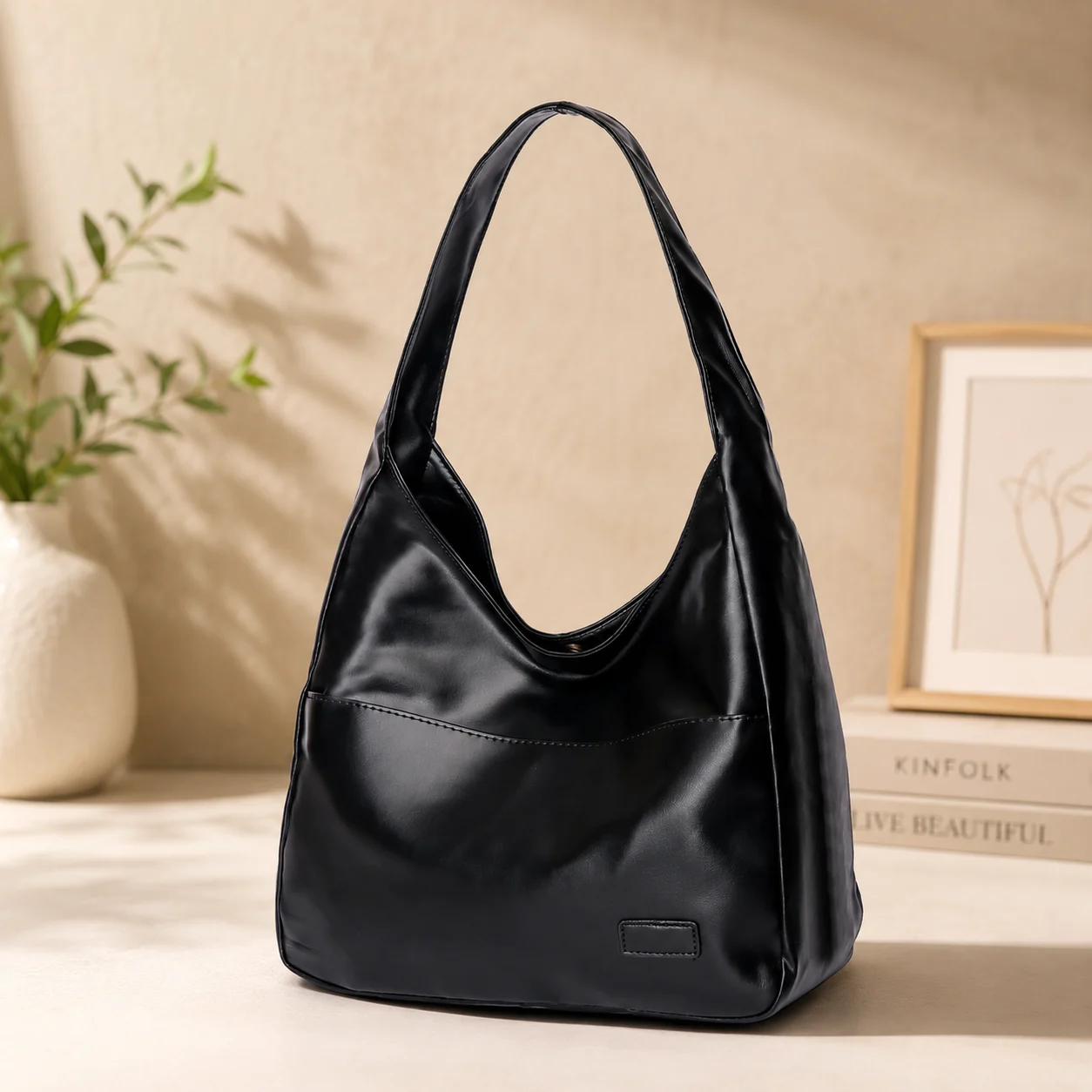 BLACK RETRO PU LEATHER CASUAL SHOULDER TOTE BAG