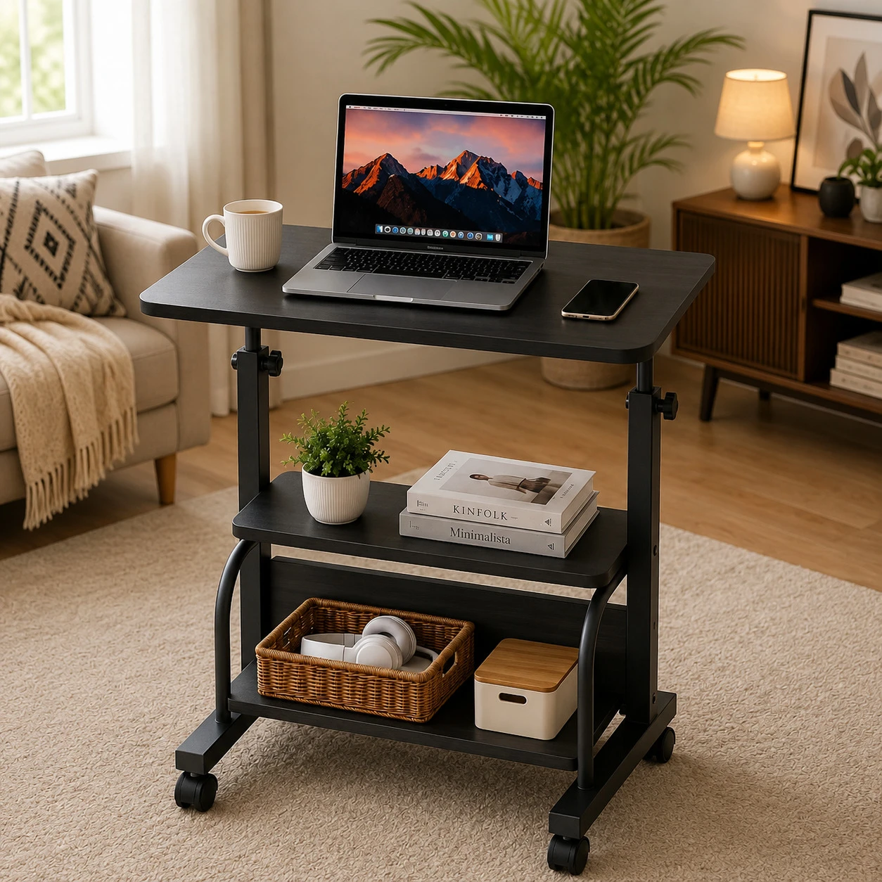 FULL BLACK  HEIGHT ADJUSTABLE TABLE  DOUBLE LAYER MOVEABLE DESK