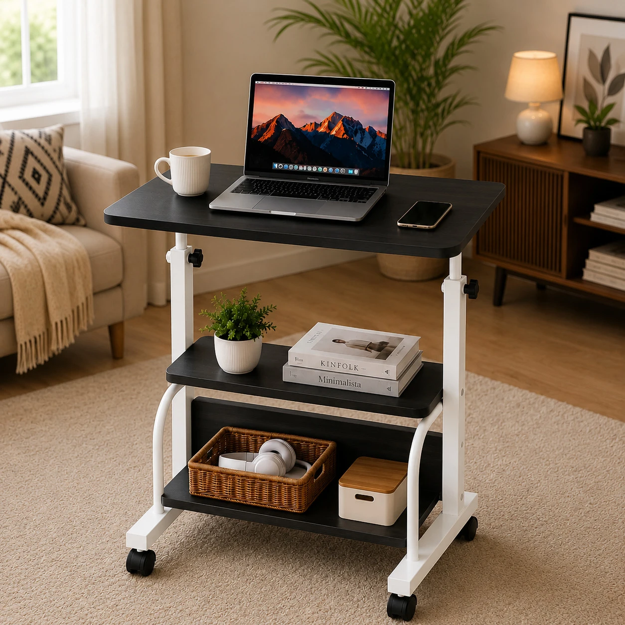 BLACK WITH WHITE STAND HEIGHT ADJUSTABLE TABLE  DOUBLE LAYER MOVEABLE DESK