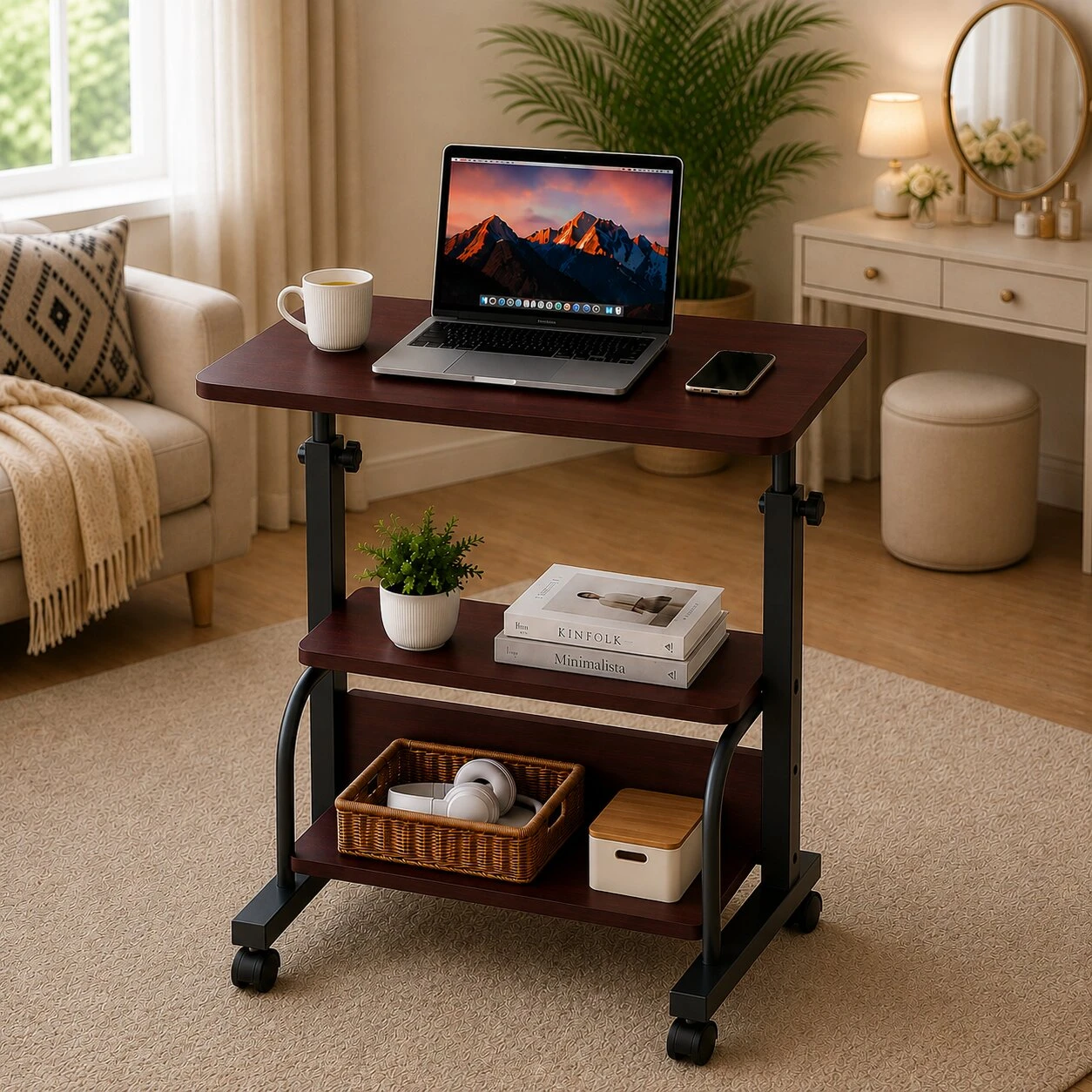 MAROON HEIGHT ADJUSTABLE TABLE  DOUBLE LAYER MOVEABLE DESK