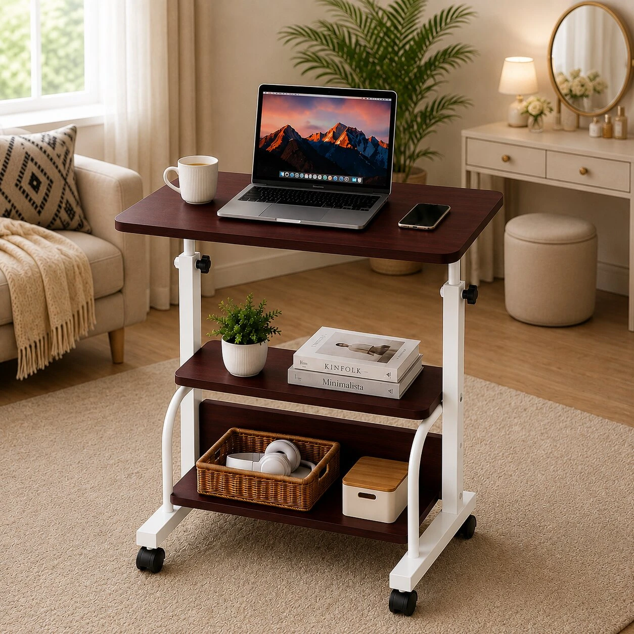 MAROON WITH WHITE STAND HEIGHT ADJUSTABLE TABLE  DOUBLE LAYER MOVEABLE DESK