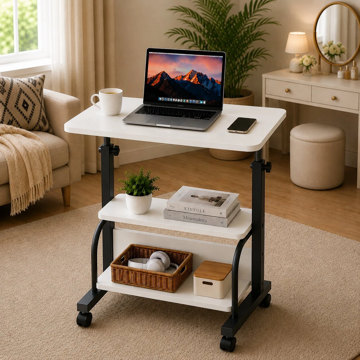 WHITE WITH BLACK STAND HEIGHT ADJUSTABLE TABLE  DOUBLE LAYER MOVEABLE DESK