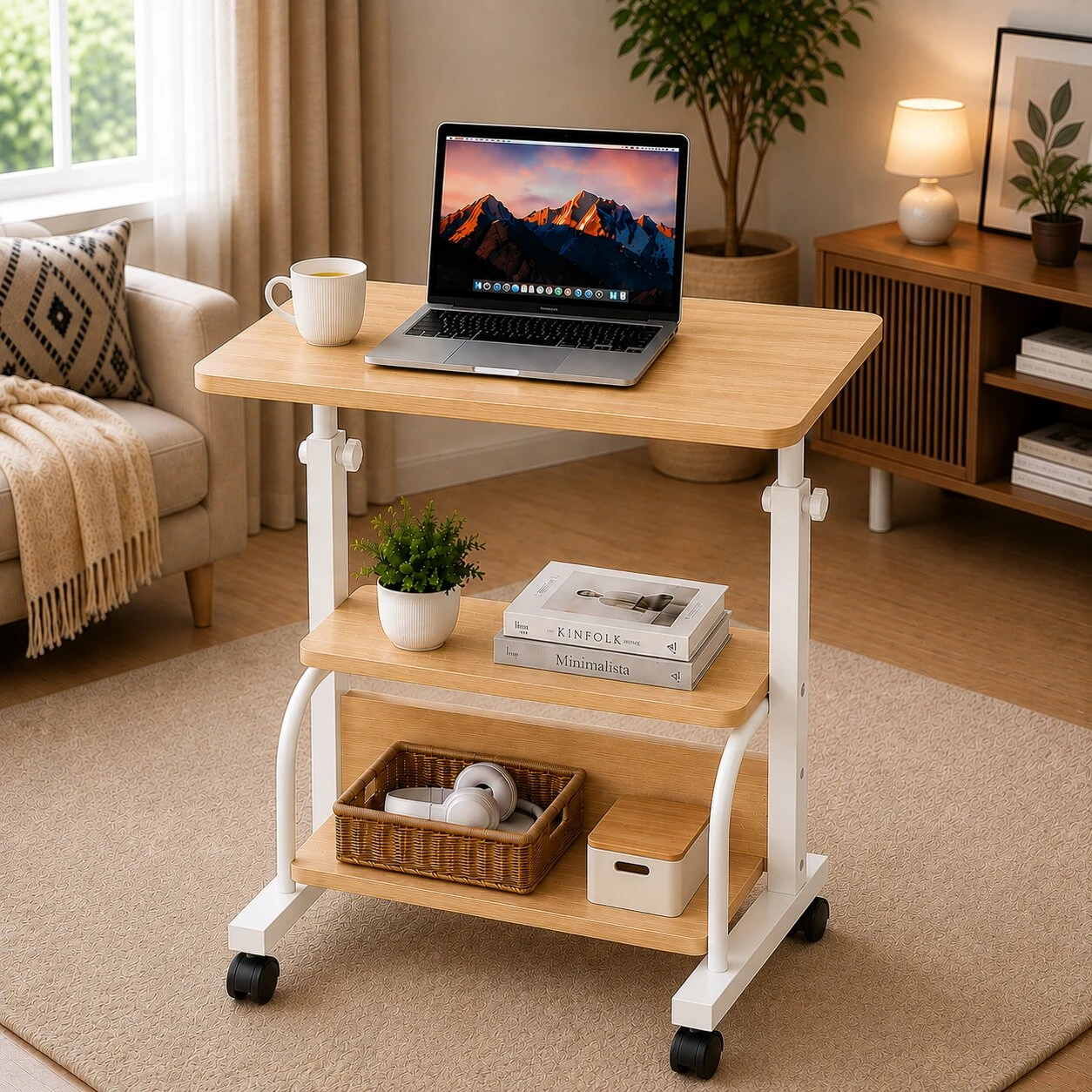 WOOD WITH WHITE STAND HEIGHT ADJUSTABLE TABLE  DOUBLE LAYER MOVEABLE DESK