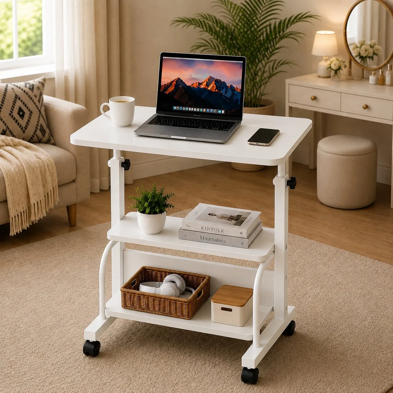 FULL WHITE HEIGHT ADJUSTABLE TABLE  DOUBLE LAYER MOVEABLE DESK