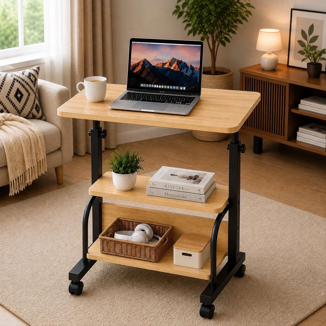 WOOD HEIGHT ADJUSTABLE TABLE  DOUBLE LAYER MOVEABLE DESK