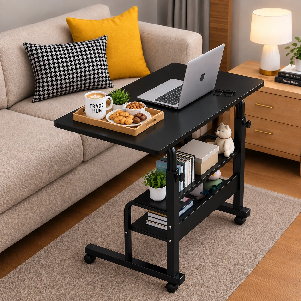 FULL BLACK  HEIGHT ADJUSTABLE TABLE  DOUBLE LAYER MOVEABLE DESK