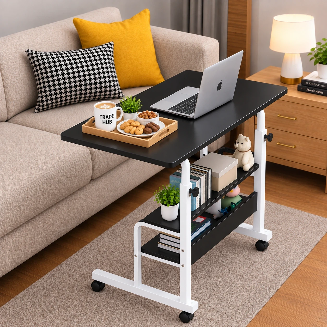 BLACK WITH WHITE STAND HEIGHT ADJUSTABLE TABLE  DOUBLE LAYER MOVEABLE DESK