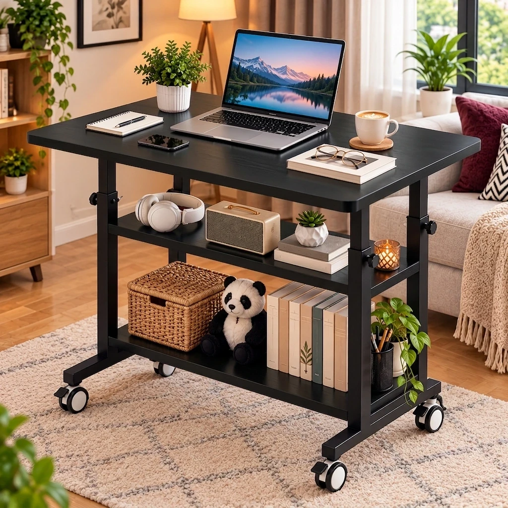BLACK 4 STAND HEIGHT ADJUSTABLE TABLE STRONG MOVEABLE DESK