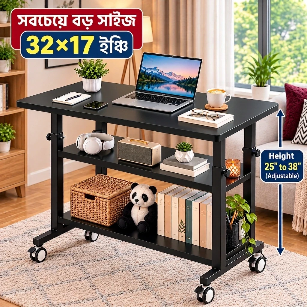 32×17 INCH BLACK 4 STAND HEIGHT ADJUSTABLE TABLE MOVEABLE DESK