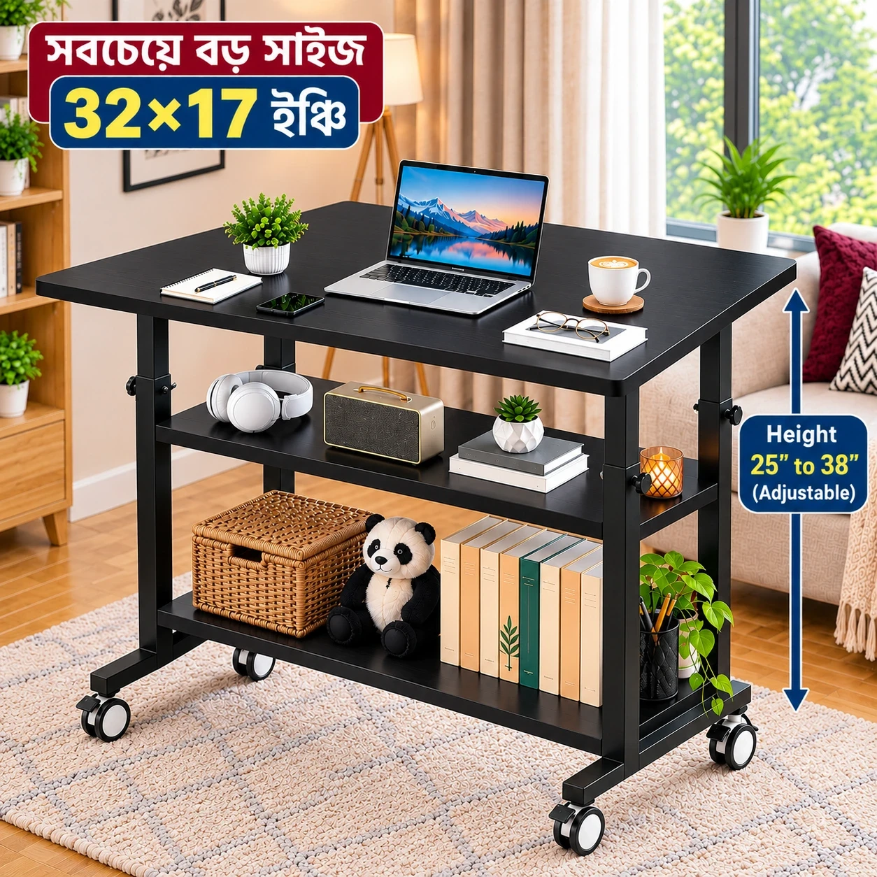 32×17 INCH BLACK 4 STAND HEIGHT ADJUSTABLE TABLE MOVEABLE DESK