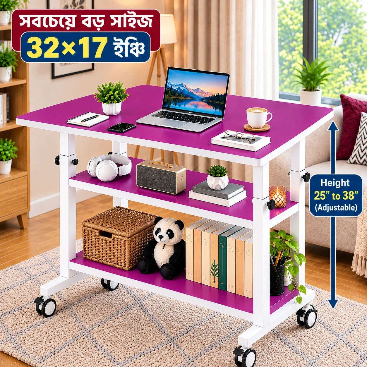 32×17 INCH MAGENTA 4 STAND HEIGHT ADJUSTABLE TABLE STRONG MOVEABLE DESK